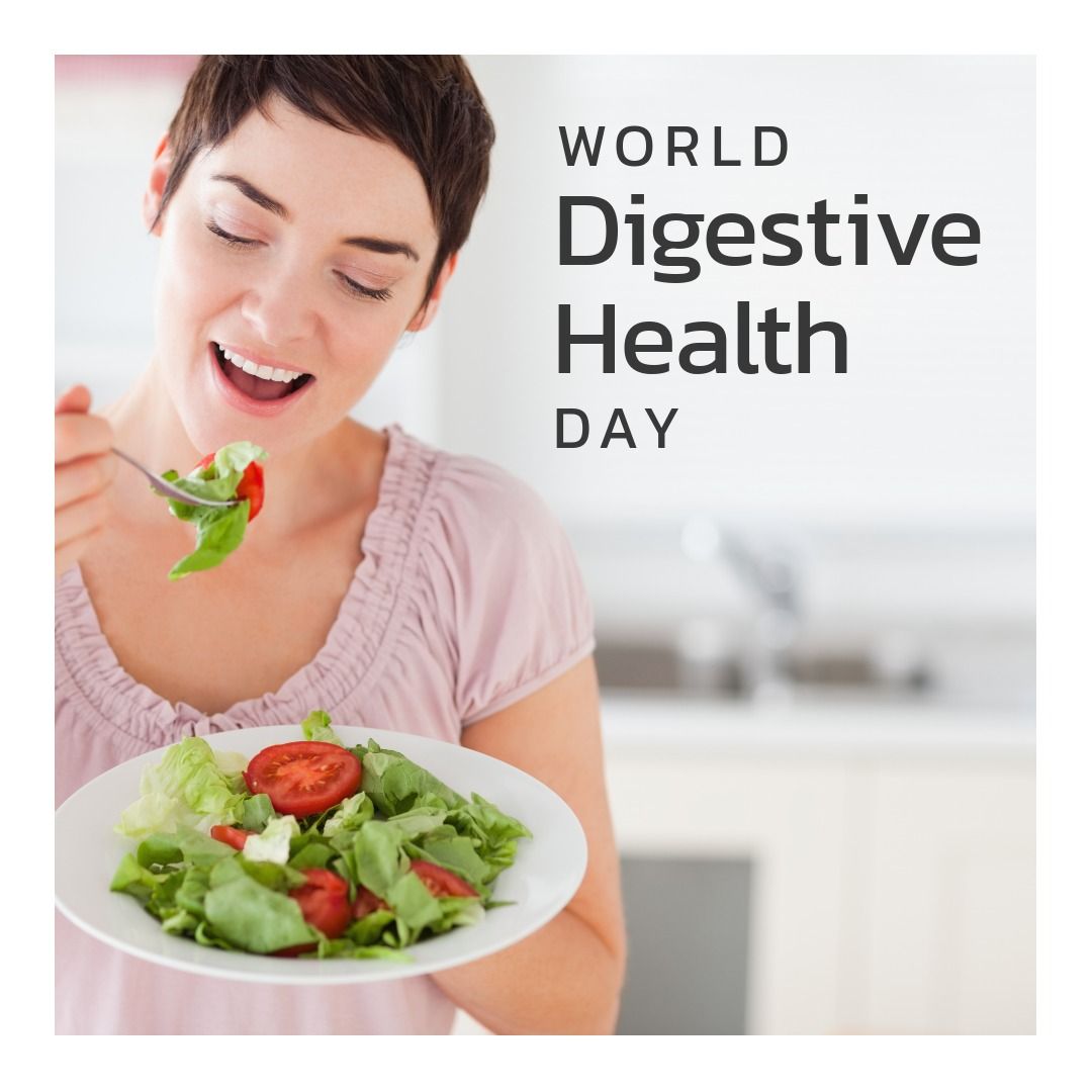 Digital composite image of world digestive health day text by smiling caucasian woman eating salad - Download Free Stock Templates Pikwizard.com