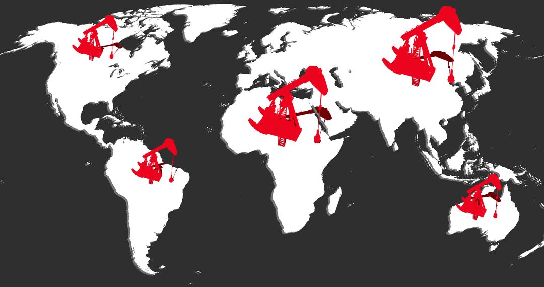 Red Pumpjacks over World Map Representing Global Oil Industry