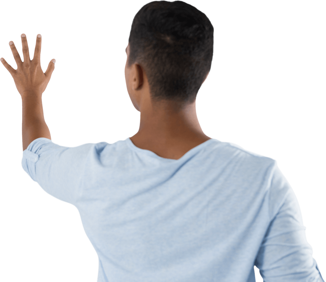 Man in Blue Shirt Touching Transparent Digital Screen Mockup