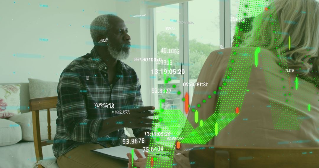 Diverse Seniors Discussing with Digital Financial Overlay