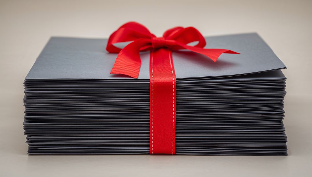 Stacked Charcoal Envelopes Tied with Red Grosgrain Bow for Elegant Invitations