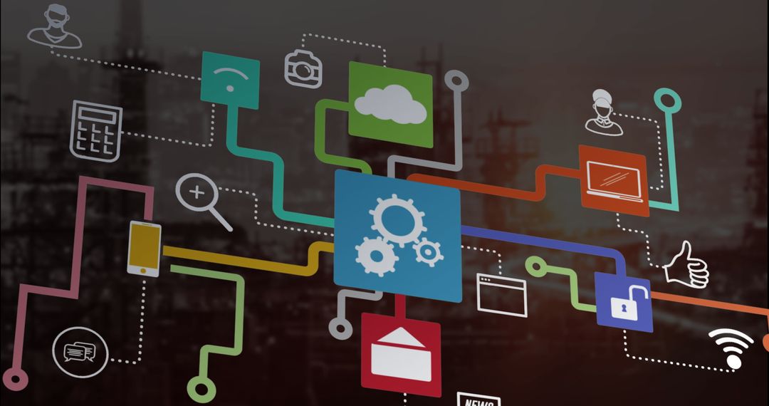 Digital Interface of Media Icons Over Cityscape Background