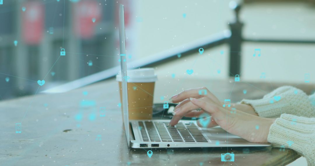 Digital Icons Overlaying Woman Using Laptop in Cafe Technology Concept