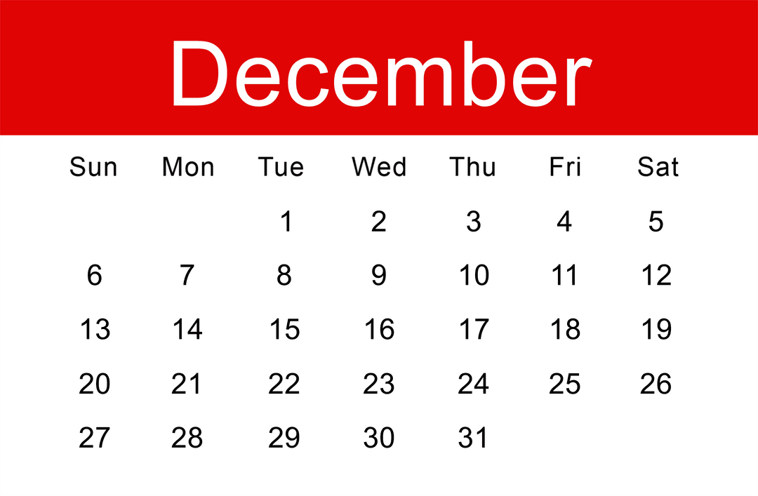Transparent December Calendar on Red Title Bar Background