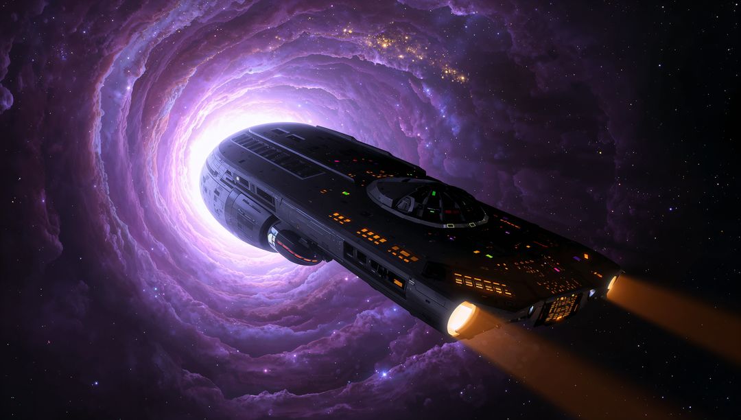 Sleek Dark Starship Gliding Toward Purple Vortex with Orange Exhaust in Deep Space