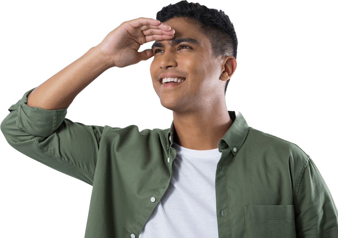 Smiling Man Shielding Eyes Looking Curiously Transparent