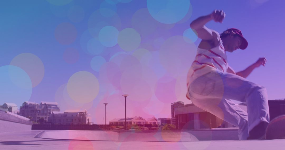 Dynamic Skateboarding with Vibrant Bokeh Overlay