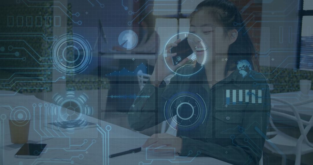 Asian Businesswoman Communicating on Smartphone with Futuristic Interface Overlay