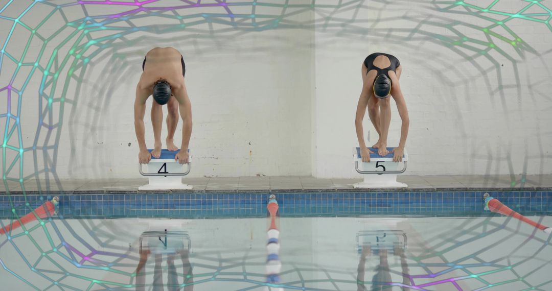 Competitive Swimmers Preparing on Starting Blocks, Focus and Precision