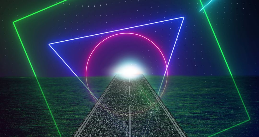 Futuristic Road with Neon Geometric Shapes and Digital Glow