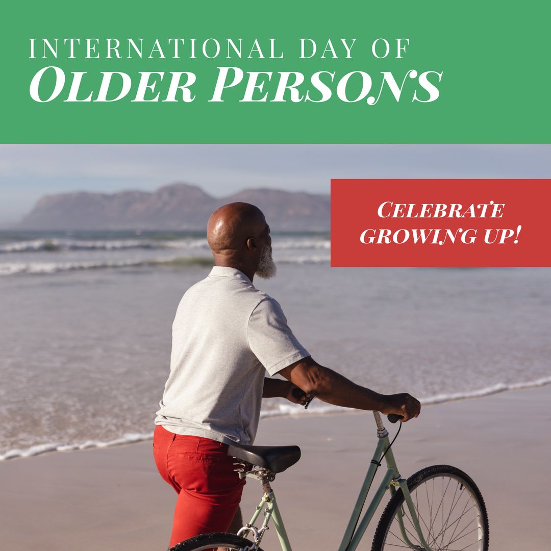Senior Man Enjoying Beach with Bicycle on Older Persons Day