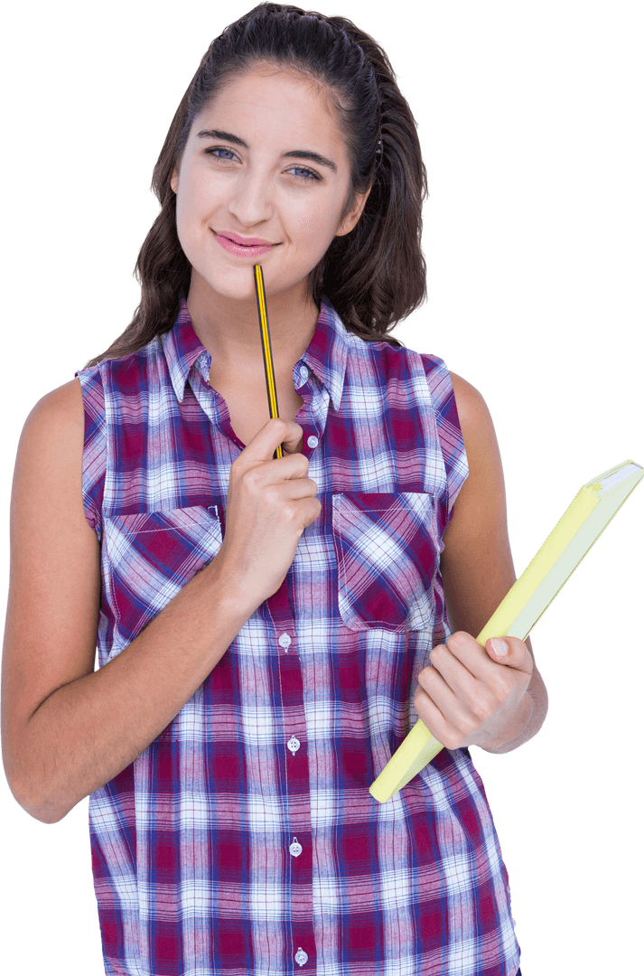 Thoughtful Brunette Teen Holding Notebook on Transparent Background