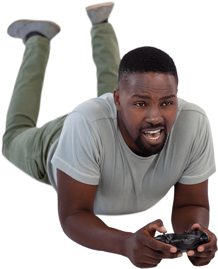 Enthusiastic Gamer Playing Lying on Transparent Background