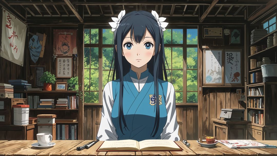 Anime-Style Girl Practicing Calligraphy in Rustic Study