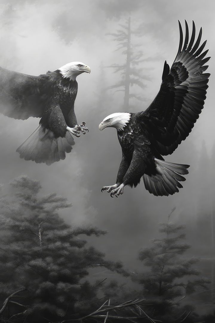 Two majestic bald eagles soar amidst a misty forest backdrop - Free Images, Stock Photos and Pictures on Pikwizard.com
