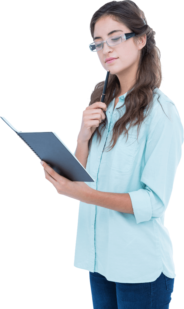 Thoughtful Woman in Transparent Background Holding Book and Pen