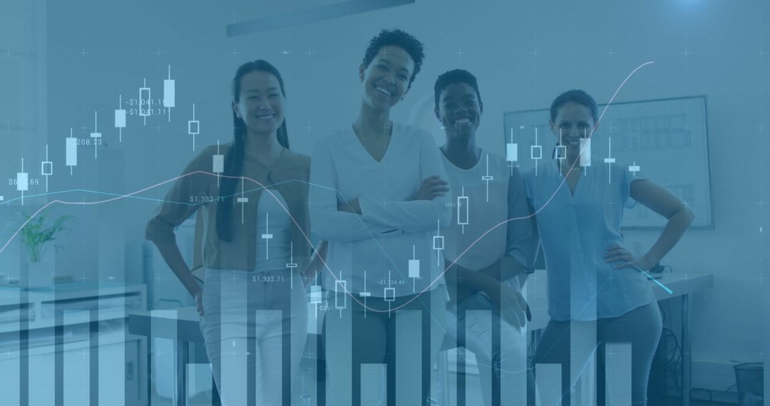 Diverse Team Amidst Financial Graphs in Modern Office