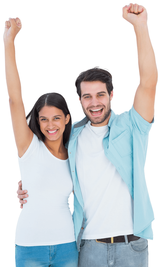 Joyful Couple Cheering with Raised Fists on Transparent Background