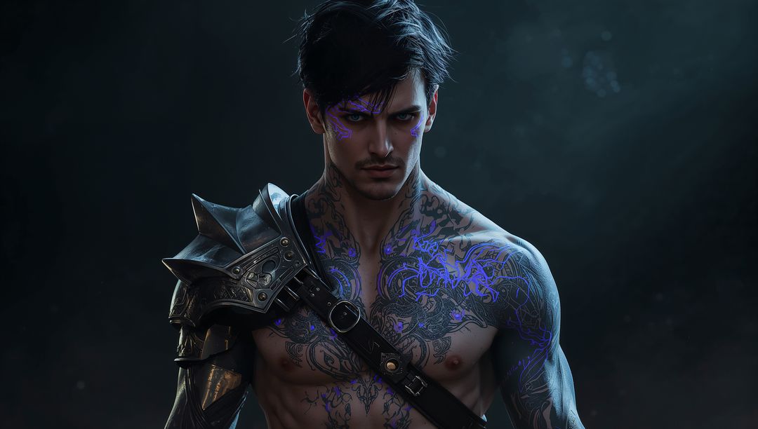 Shirtless Warrior With Glowing Tattoos in Mystical Cavern Setting