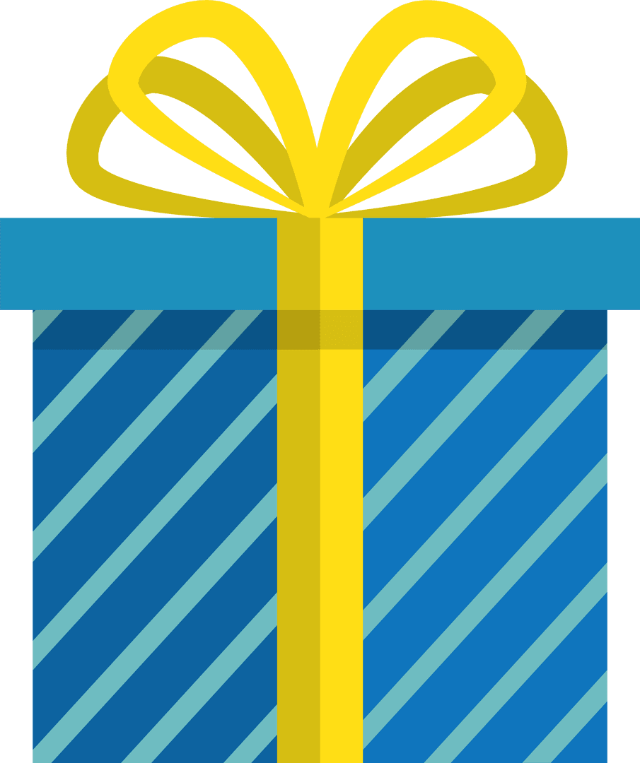 Flat Gift Box with Stripes and Yellow Ribbon on Transparent Background