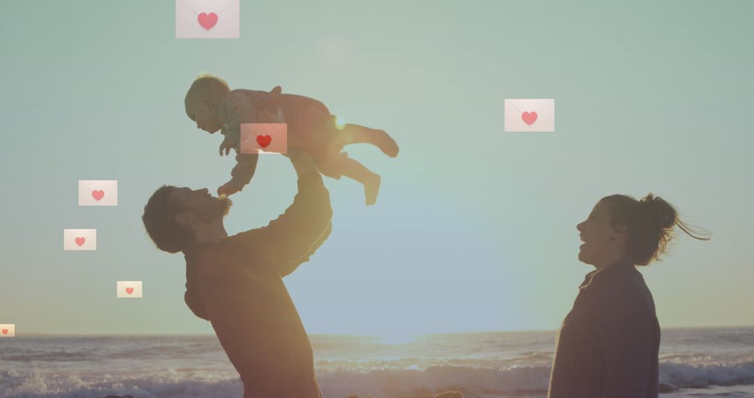 Happy Family Enjoying Sunset by the Beach with Love Icons