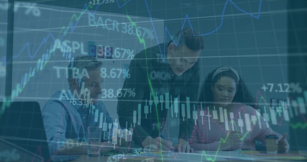 Collaborating on Stock Market Analysis with Candlestick Charts, Laptop and Teamwork
