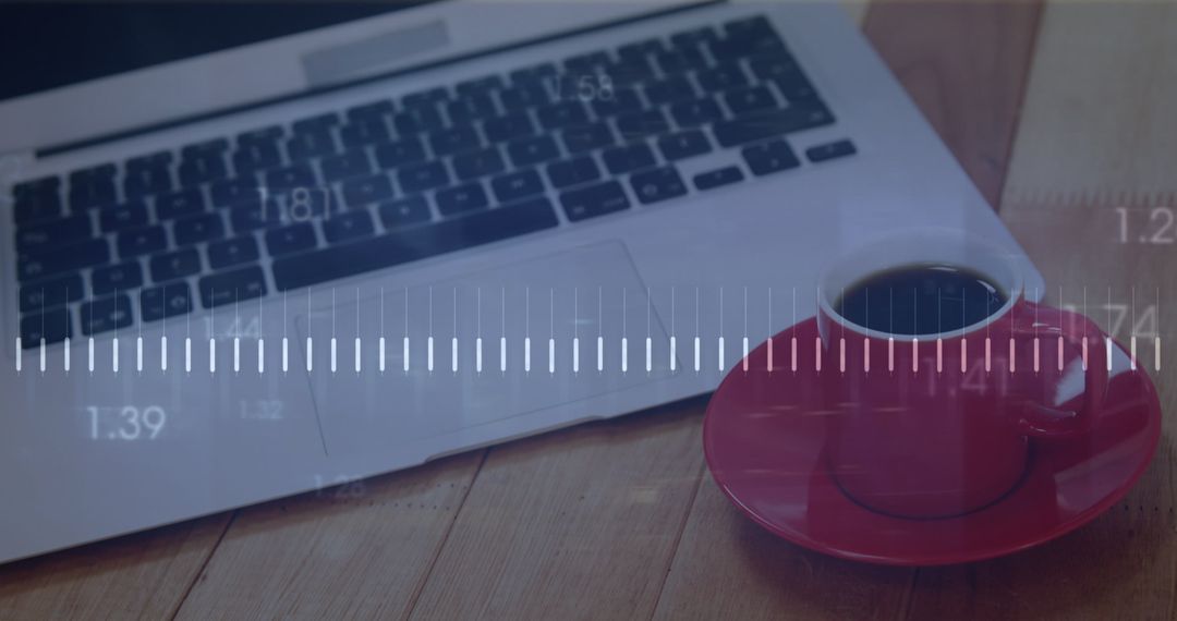 Digital Financial Data Interface with Laptop and Coffee