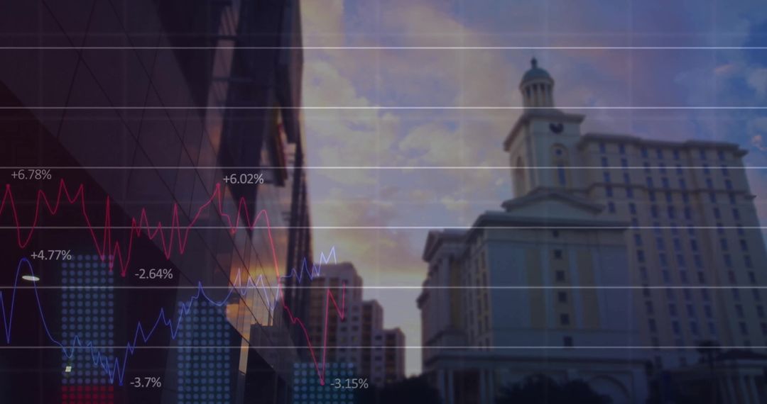 Financial Data Visualizations Overlaid on Modern Cityscape