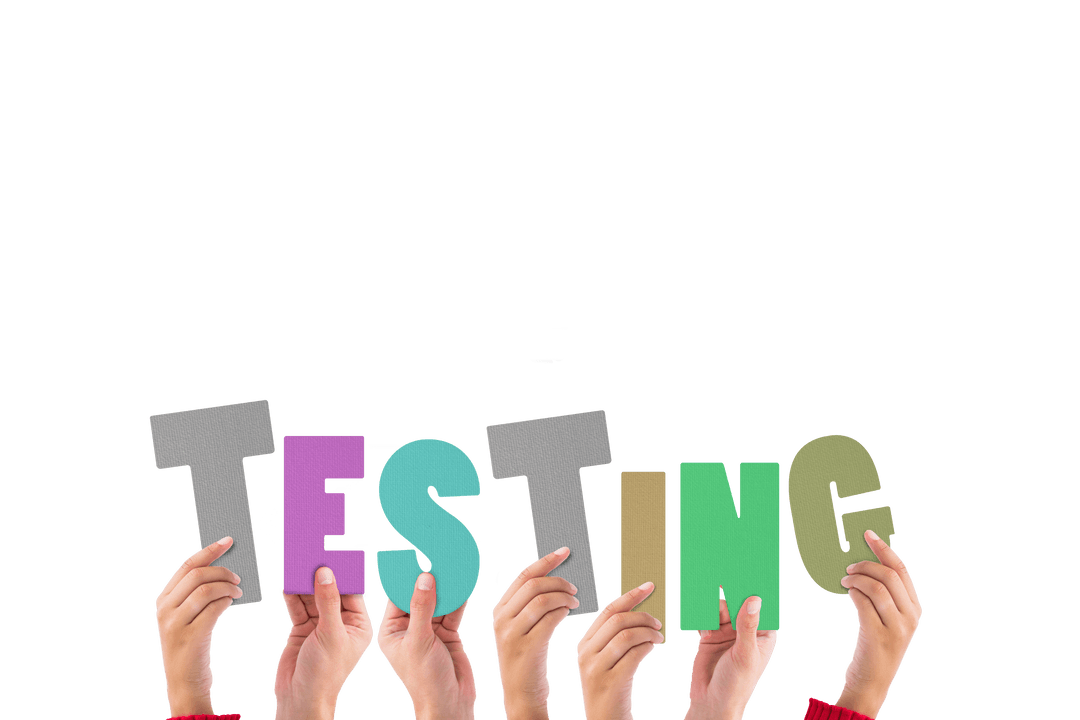 Hands Holding Testing Text Against Clear Background