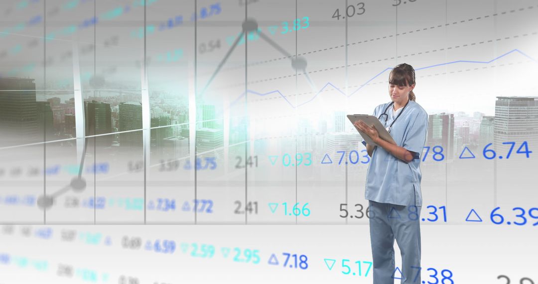 Female Doctor Reviewing Financial and Medical Data Metrics