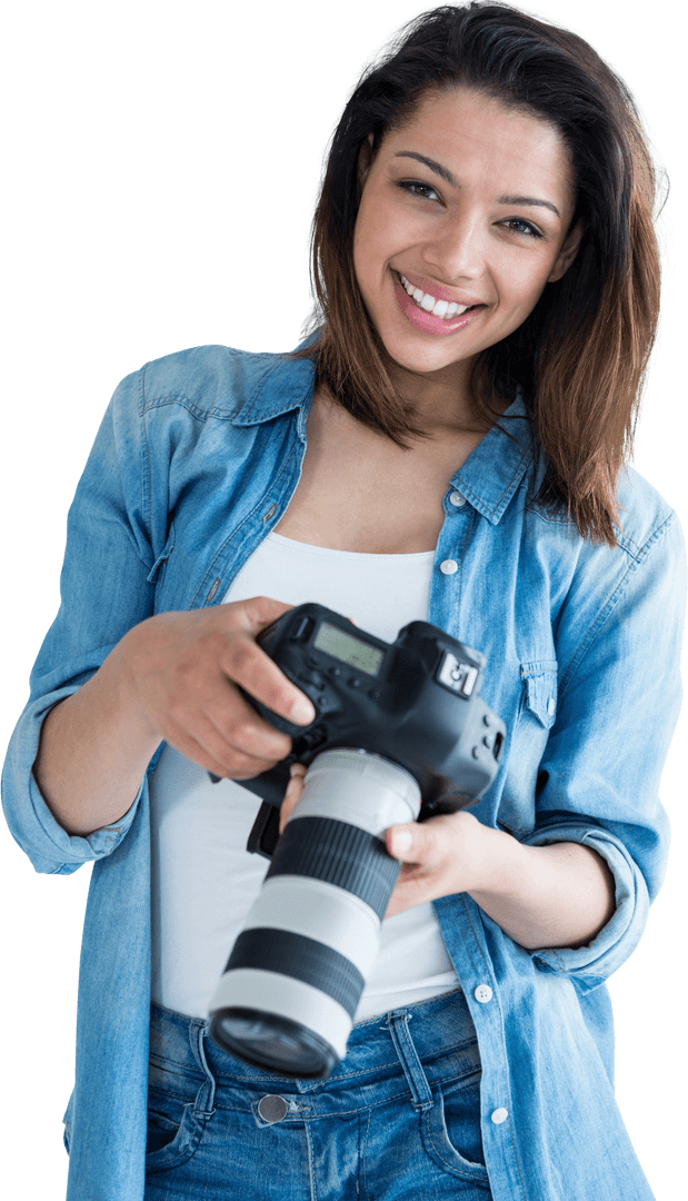 Transparent Smiling Female Photographer Holding Digital Camera