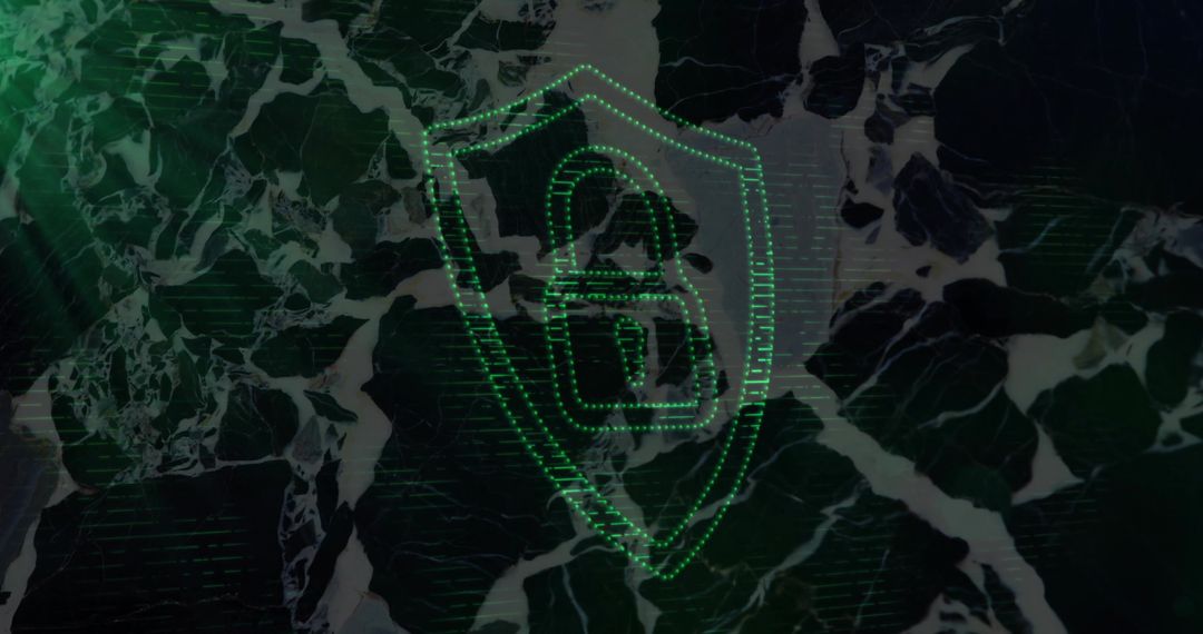 Cybersecurity Conceptual Graphic with Padlock and Shield Over Digital Matrix