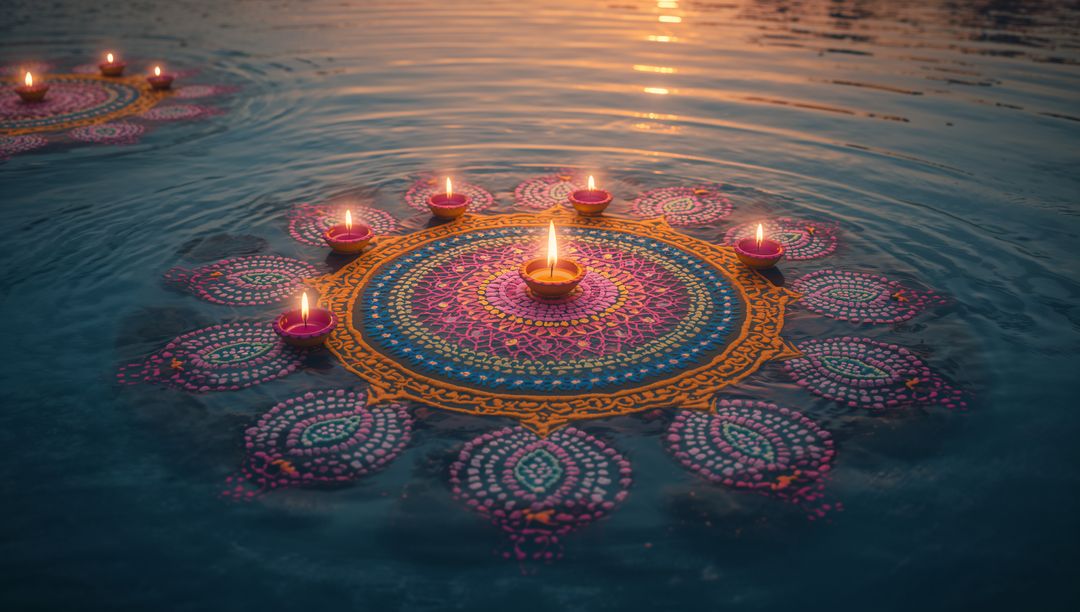 Floating Rangoli Design with Diyas Creating Magical Lake Reflections