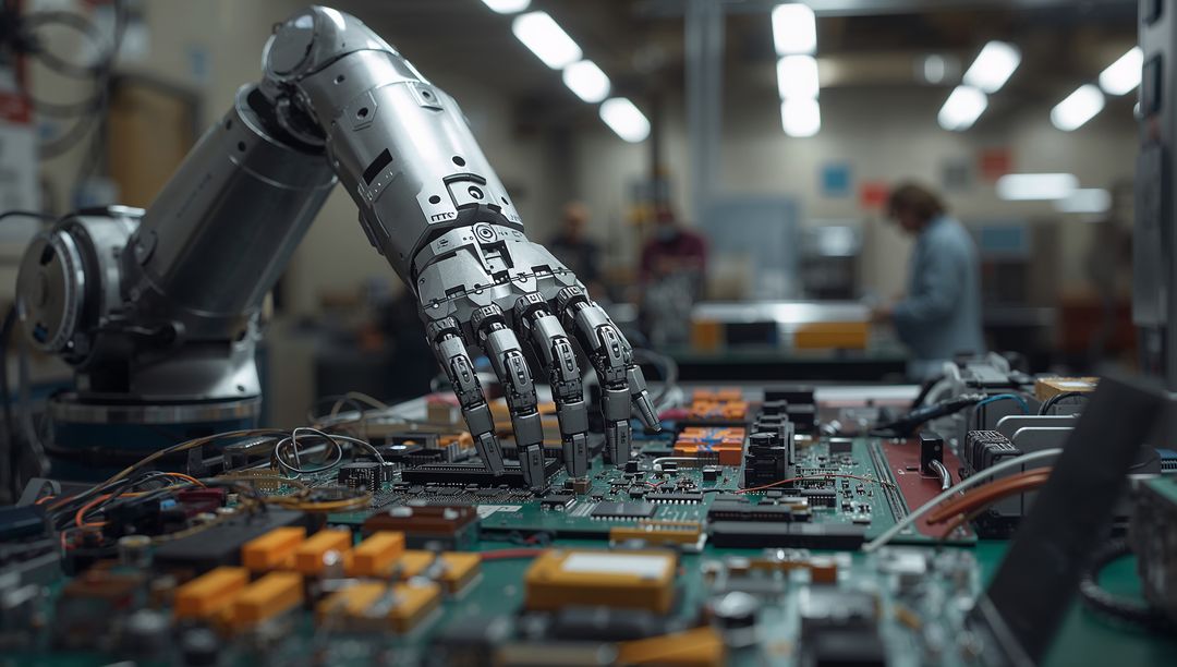 Multifingered robotic arm adjusting PCB components in electronics manufacturing laboratory