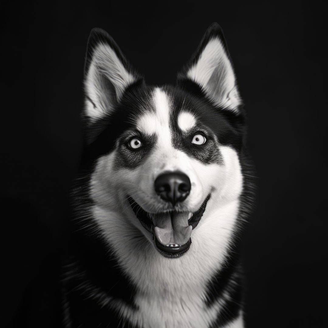 Black and white portrait of happy Siberian Husky dog with blue eyes - Free Images, Stock Photos and Pictures on Pikwizard.com