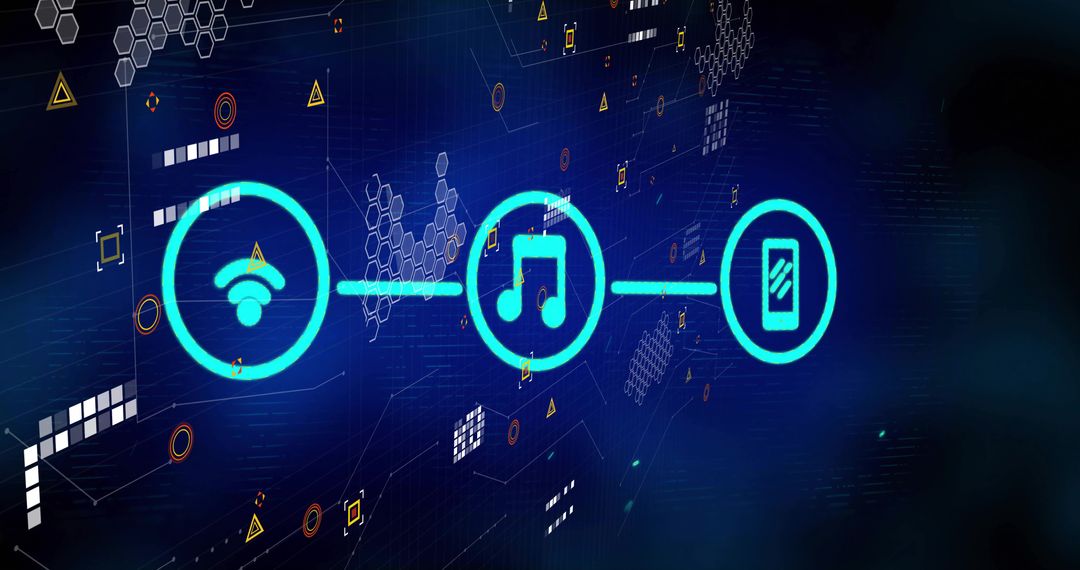 Streaming music connecting Wi-Fi to mobile device on futuristic neon network interface