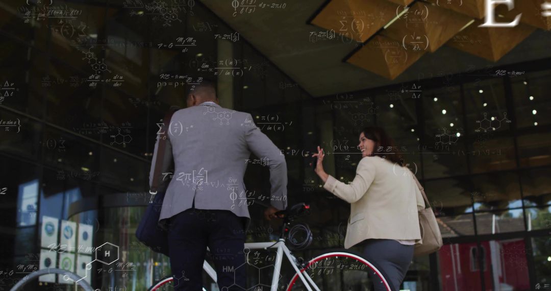 Business Professionals Entering Office Building with Bicycle