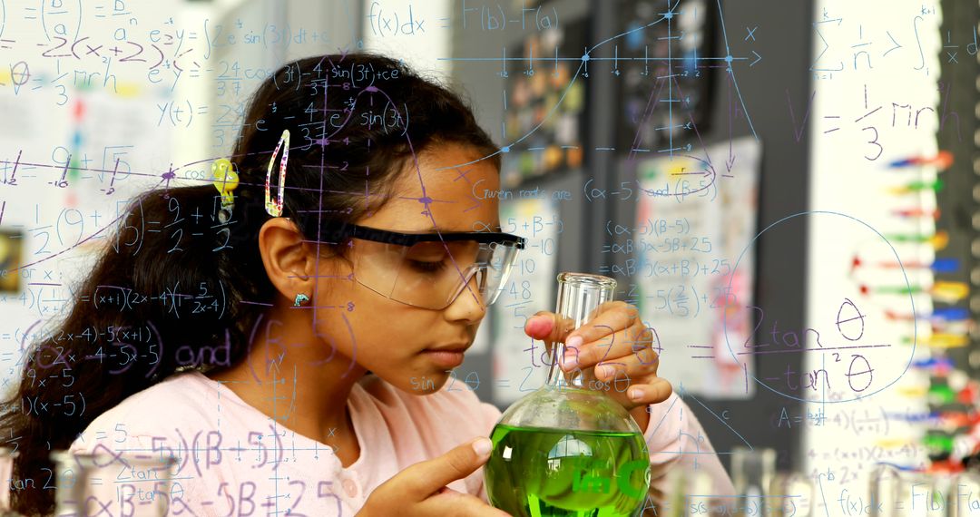 Image of mathematical equations over biracial girl smelling chemical in a flask at laboratory - Free Images, Stock Photos and Pictures on Pikwizard.com
