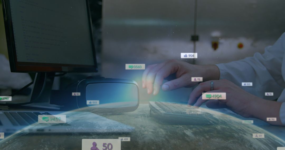 Woman Typing on Keyboard with Social Media Graphical Overlay Effects