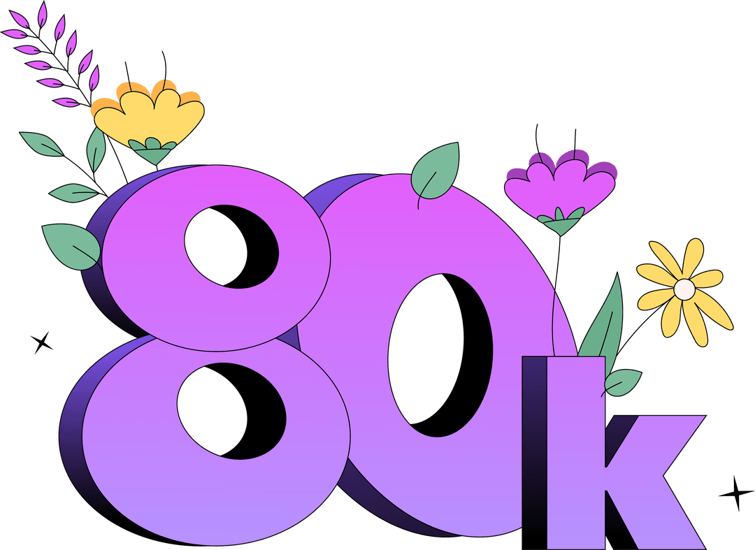 80k 3D Text with Floral Accents on Transparent Background