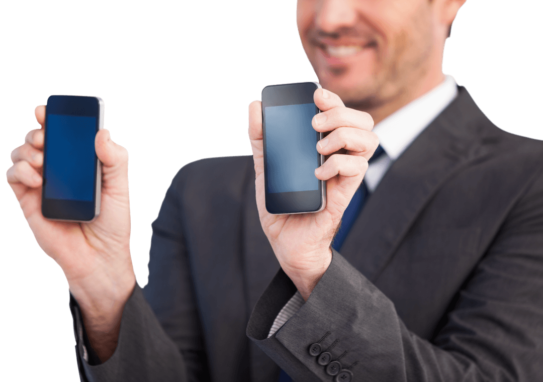 Businessman displaying smartphones transparent modern technology