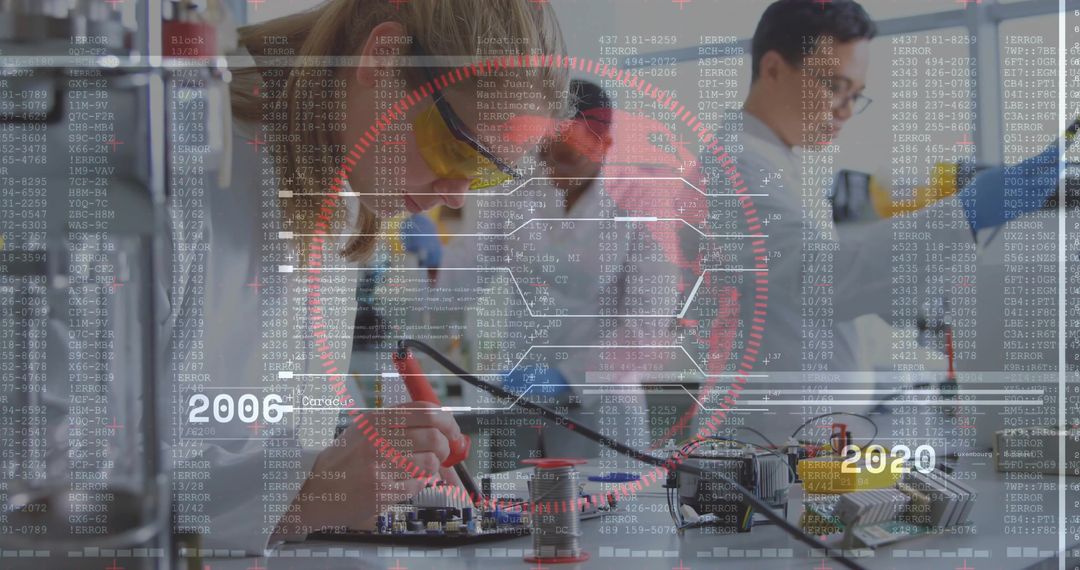 Engineer Testing Circuit Board with Overlay of Data and Code