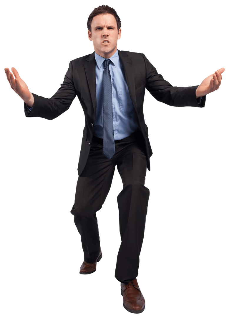 Frustrated Businessman with Outstretched Arms on Transparent Background