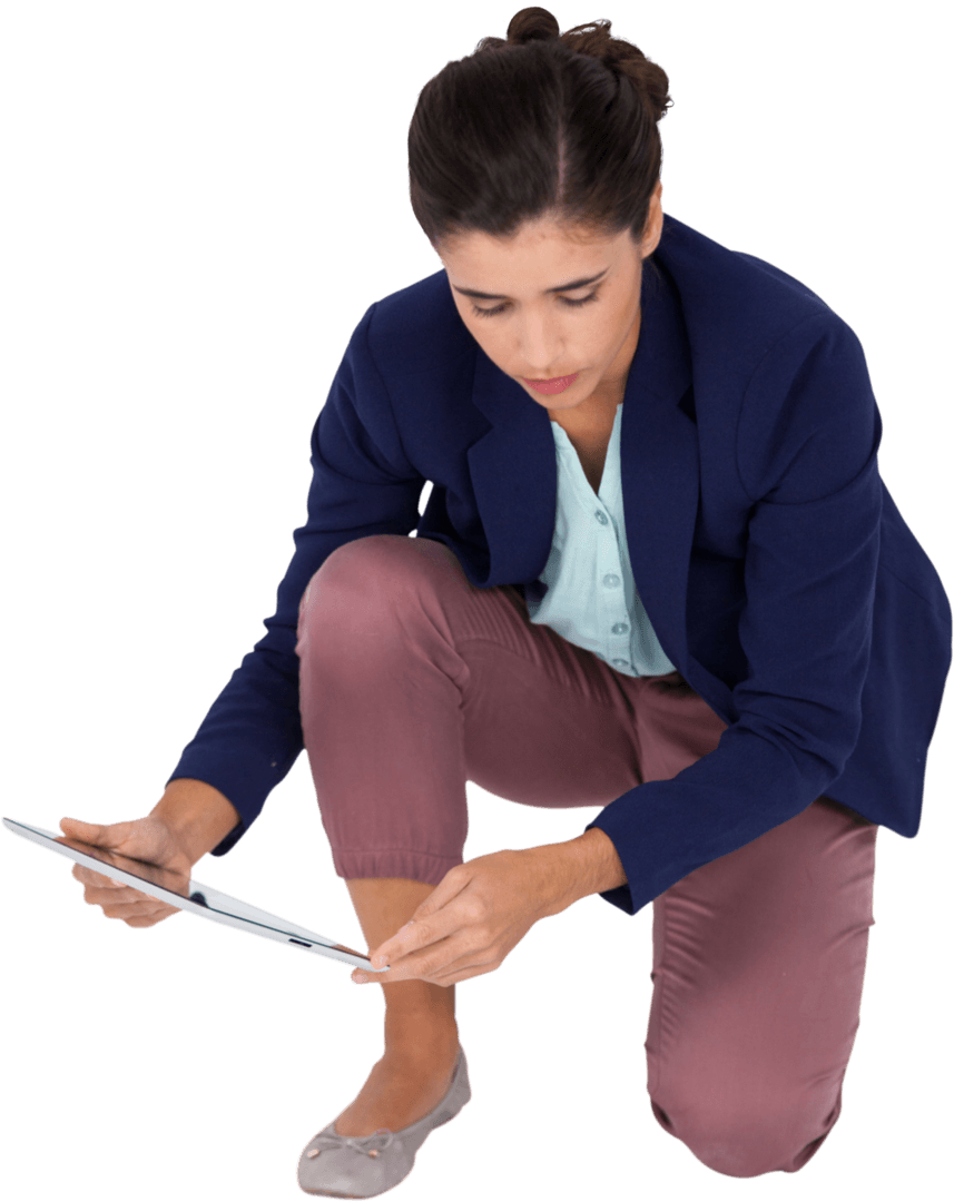 Businesswoman Kneeling Using Tablet Transparent Image