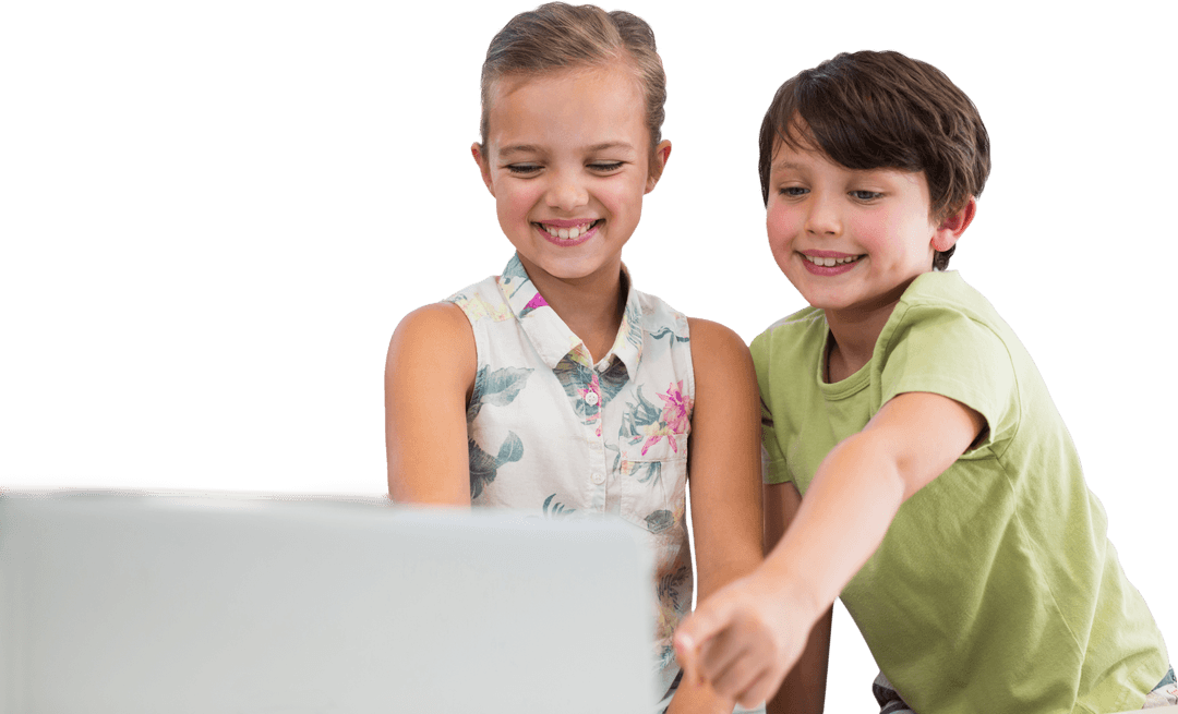 Smiling Children Engaging with Digital Tablet on Transparent Background