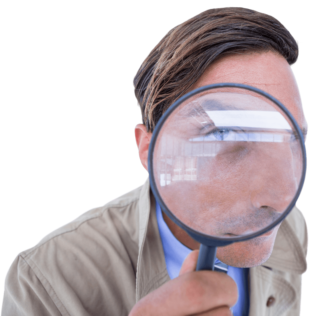 Investigating Man Looking Through Large Transparent Magnifying Glass