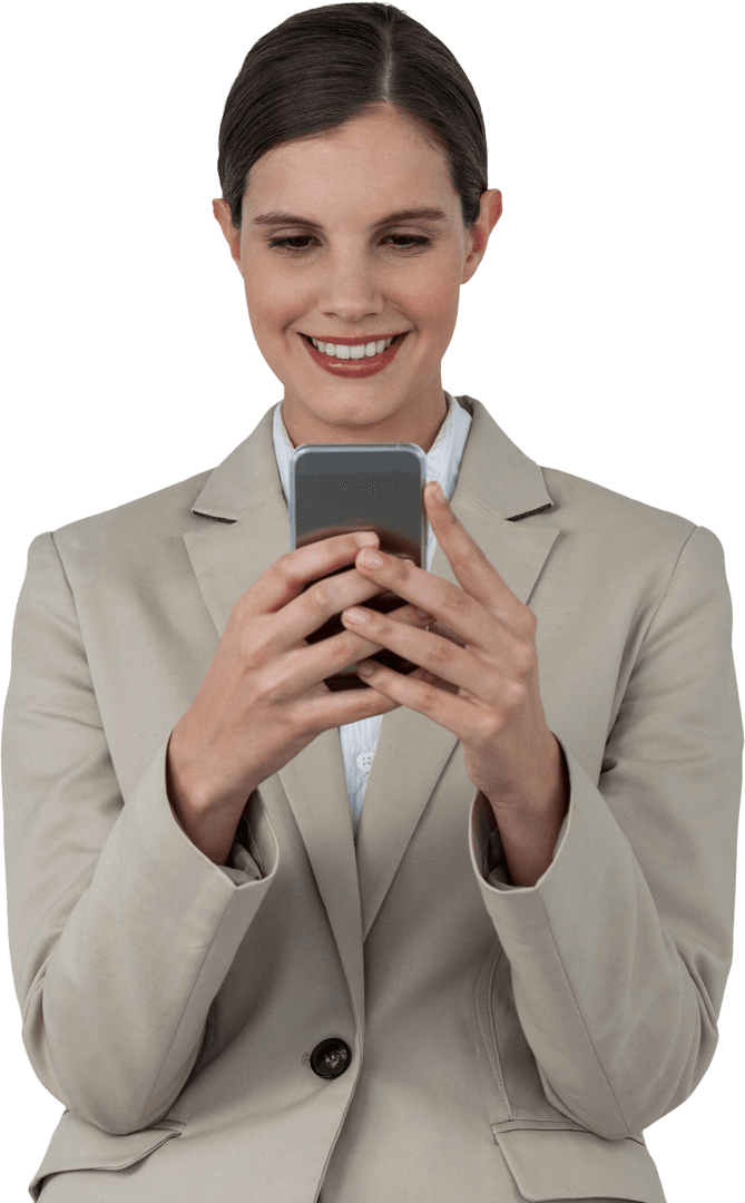 Happy Businesswoman Engaging with Smartphone on Transparent Background