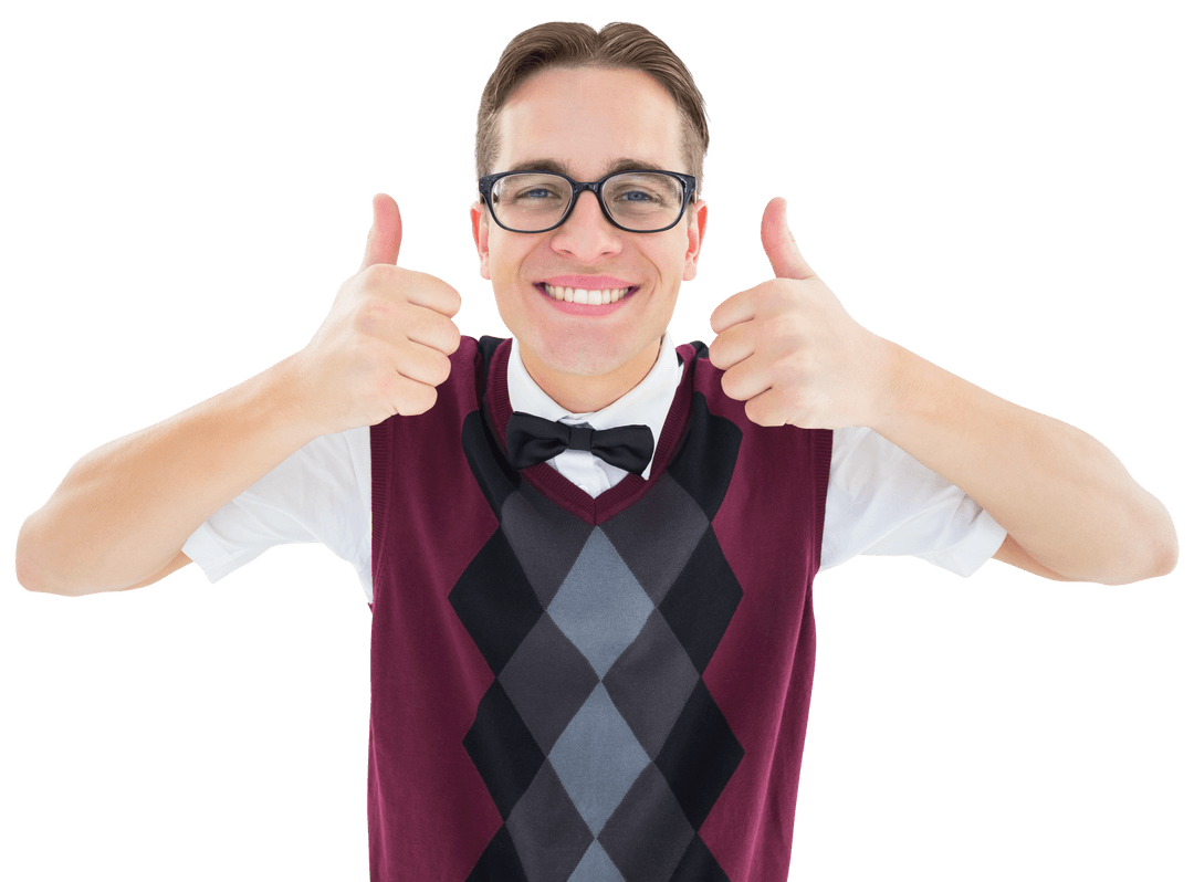 Smiling Hipster with Glasses Giving Thumbs Up on Transparent Background