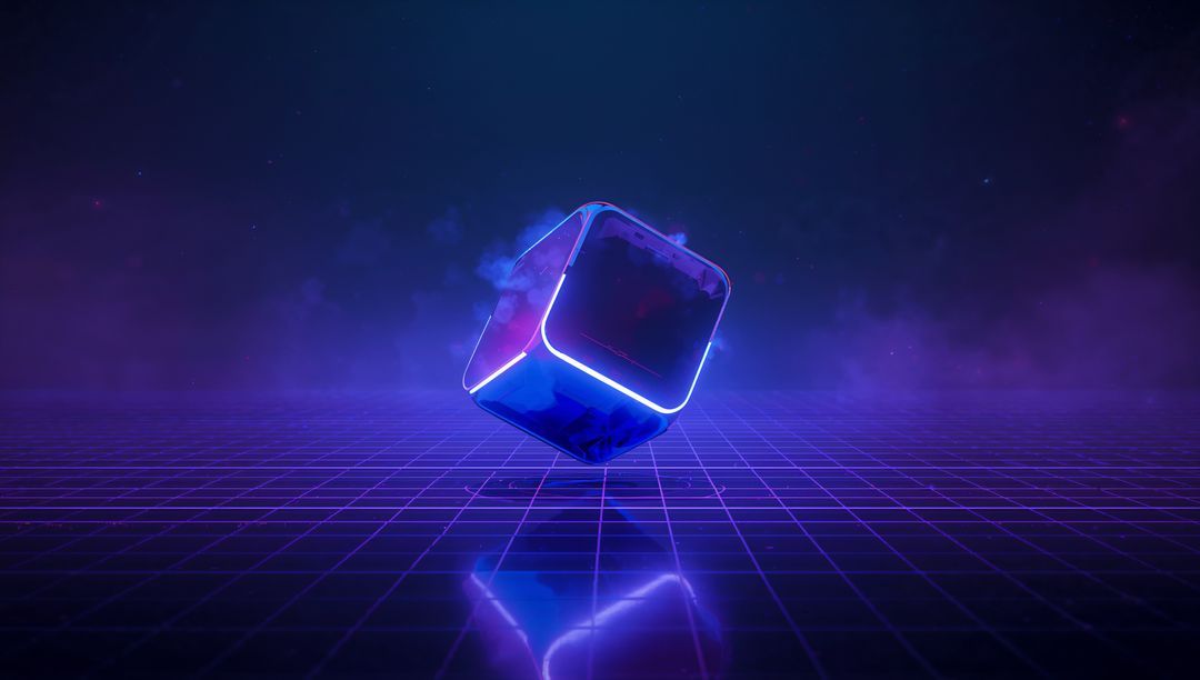 Floating Neon-Edged Metallic Cube Amidstar a Digital Grid in Cyberpunk Realm