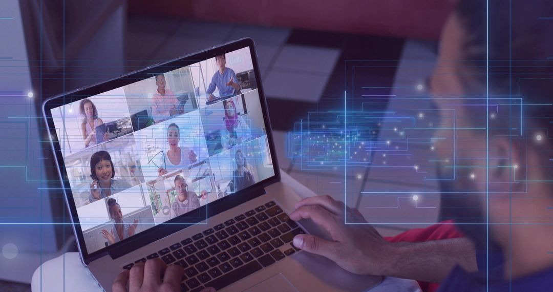 Remote Team Collaborating on Video Conference via Laptop with Digital Network Overlay and Home Offic